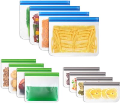 Famanu Vrieszakken, 12 Stuks Herbruikbaar - Zonder BPA, Voedselklasse van PEVA, 3 met Drie Maten, Vrieszakken voor Fruit, Groenten, Vlees, Snack, Melk en Brood