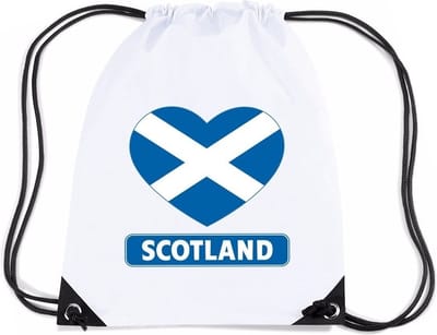 Schotland thema sporttas - nylon rijgkoord rugzak - wit met hartjes vlag print - supporters - 11 liter - 45 x 34 cm