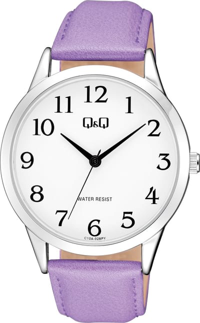 Q&Q C10A-028PY - Horloge - Analoog - Unisex - Leren band - Rond - Metaal - Cijfers - Paars - Zilverkleurig