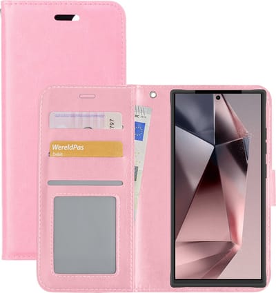 Hoesje - Met Pasjeshouder - Geschikt voor Samsung Galaxy S24 Ultra - Luxe Bookcase Portemonee - Flip Case - Kunstleer Book Case - Flipcase - Book Cover - Walletcase - Portemonneehoes - Lichtroze