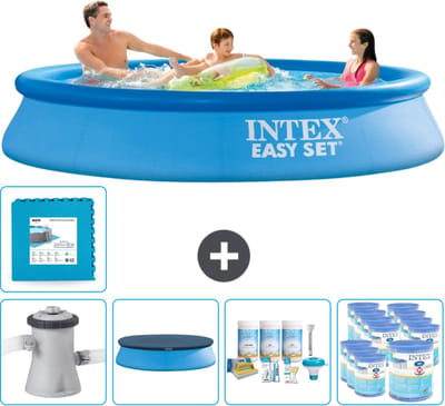 Intex Rond Opblaasbaar Easy Set Zwembad - 305 x 61 cm - Blauw - Inclusief Pomp Afdekzeil - Onderhoudspakket - Filters - Vloertegels
