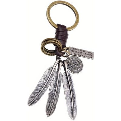 Pendentif Vintage Porte-clés en Cuir Tissé Main pour Hommes Porte-clés de Voiture Femmes Pompon Plume Porte-clés Charme Bijoux Cadeau Ami gray