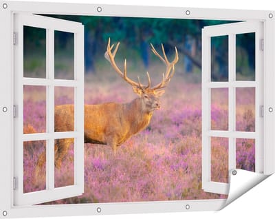 Gards Tuinposter Doorkijk Hert in de Weide tijdens Zonsondergang - 120x80 cm - Tuindoek - Tuindecoratie - Wanddecoratie buiten - Tuinschilderij