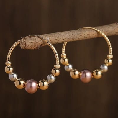 Klassieke Mode Charme Vrouwen Goudkleurige Bal Kralen Hoepel Oorbellen voor Vrouwen Feest Sieraden Cadeaus brown