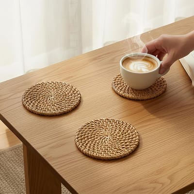 Onderzetters, 12 drankonderzetters met 2 houders, 10 cm, ronde koponderzetters, lichtbruin onderzetters voor kopjes, vazen
