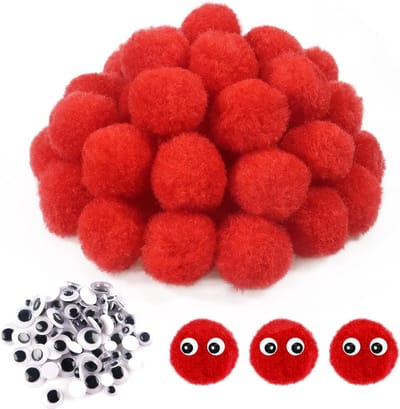 50 Stuks Fluffy Pompons voor Knutselen, Grote 30 mm Rode Bollen, Inclusief 100 Zelfklevende Wobble Ogen voor Decoratie, Creatieve Projecten en DIY Activiteiten