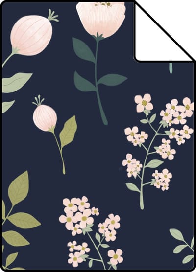 Proefstaal ESTAhome behang bloemen donkerblauw, roze en groen - 26.5 x 21 cm - 139341-S