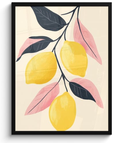 Poster in lijst - Fotolijst 50x70 cm - Posters - Citroenen - Felgeel - Tak - Bladeren - Posterlijst zwart - Decoratie - Wanddecoratie woonkamer - Muurdecoratie slaapkamer