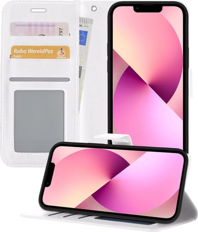 Hoesje - Met Pasjeshouder - Geschikt voor Apple iPhone 14 - Luxe Bookcase Portemonee - Flip Case - Kunstleer Book Case - Flipcase - Book Cover - Walletcase - Portemonneehoes - Telefoonhoesjes - Wit