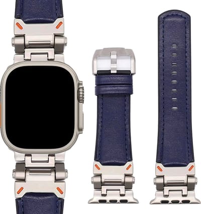 Stravo Echt Leren Horlogebandje Geschikt voor Apple Watch 46mm (Series 11/10), 45mm (Series 9/8/7), 44mm (Series 6/5/4, SE 3/2/1), 49mm (Ultra 3/2/1) - Blauw - Robuust Lederen Bandje met RVS Sluiting - Leer
