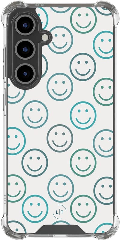 Shockproof hoesje - Geschikt voor Samsung Galaxy S24 FE - Happy faces - Extra sterke case - TPU/polycarbonaat - Print / Illustratie - Blauw, Transparant
