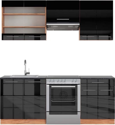 Vicco Fame-Line Complete keukeneenheid – 200 cm, WB Antraciet Antraciet hoogglans/goud eiken