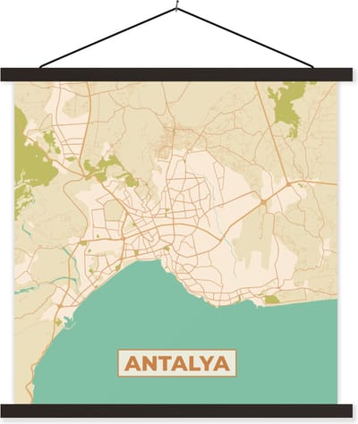 Posterhanger incl. Poster 60x60 cm - Schoolplaat - Kaart - Antalya - Stadskaart - Plattegrond - Vintage - Textielposter - Zwarte latten - Stadskaart