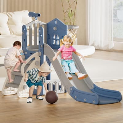 4-in-1 Glijbaan - Kinderspeeltuin - met Basketbalring - Telescoop - Opvouwbaar - voor Kinderen - van 1-8 jaar - Veilige Dichte Trap - Speelplezier Gegarandeerd - Geschikt voor Binnen - Buiten - Tuin - 144.8 x 78.7 x 101.6 cm - Grijs & Blauw