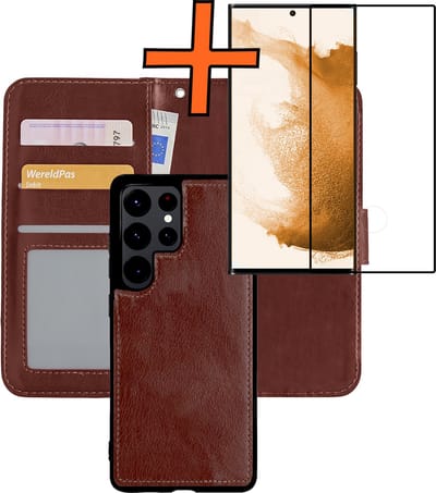 Hoes - 2 in 1 - Geschikt voor Samsung Galaxy S22 Ultra - Met Screenprotector - En Uitneembare Hard Cover - Bookcase - Wallet Case - Met Pasjeshouder - Book Case - Uitneembaar - Pashouder - Kunstleer - Bruin