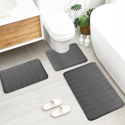 Comfortabele 3-delige badkamermatset van traagschuim, antislip en wasbaar, zachte badmat en U-vormige wc-mat met uitsparing in donkergrijs