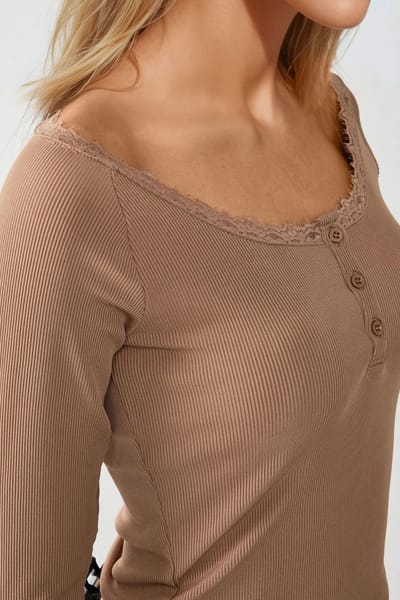 Slim Fit Kanten Details Lange Mouwen Top