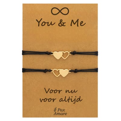 Vriendschapsarmbandjes voor 2 " You & Me ∞" - Hartjes - BFF Armbandjes met Persoonlijk Cadeau Kaartje - Goudkleurig - Elastisch Verstelbaar - Pax Amare