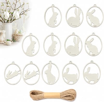 Set van 12 Houten Paaseieren met Touw - Ideaal voor Paasdecoraties, DIY Knutselprojecten en Cadeau Labels