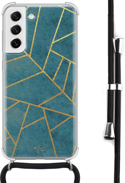 Hoesje met koord geschikt voor Samsung Galaxy S21 FE - Abstract blauw - Inclusief koord - Crossbody beschermhoes - Transparant, Blauw - Mooie Telefoonhoesjes