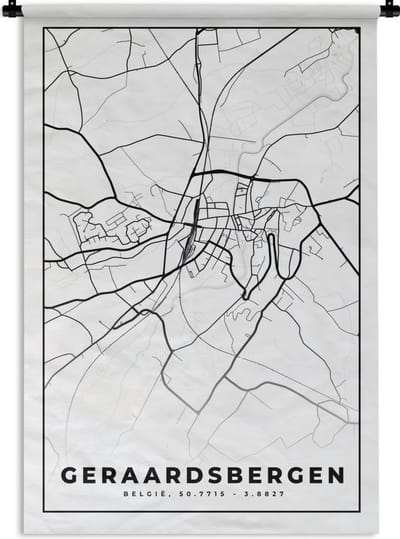 Wandkleed - Wanddoek - Kaart – Plattegrond – Stadskaart – Geraardsbergen – België – Zwart Wit - 120x180 cm - Wandtapijt