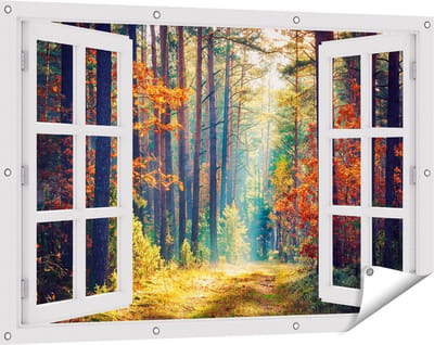 Gards Tuinposter Doorkijk Herfstbos met Zonneschijn - Kleur - 120x80 cm - Tuindoek - Tuindecoratie - Wanddecoratie buiten - Tuinschilderij