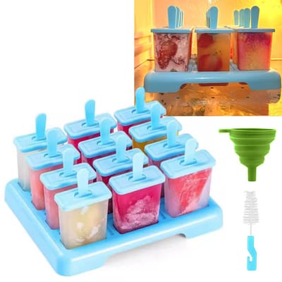 IJslollyvorm – IJsvorm voor kinderen – IJslollyhouder – IJslollyvorm met 12 vakjes – inclusief kwastje en trechter – met deksel – gemakkelijk te ontvormen – geschikt voor zelfgemaakt ijs, yoghurtlolly's, enz. – blauw