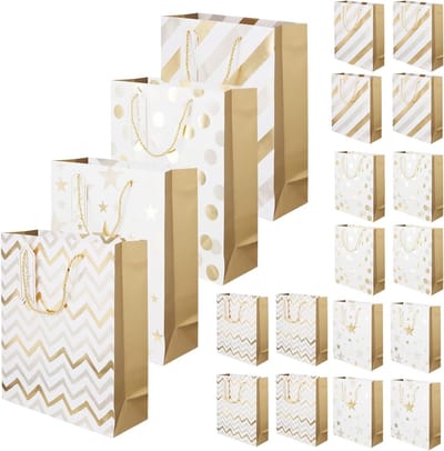 Geschenkzakjes voor Feesten en Verjaardagen, 20 Stuks 30 cm Witgouden Papieren Zakjes met Gouden Touwgrepen