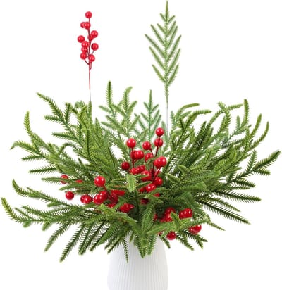 Kunstmatige Norfolk dennen takken met rode bessen - 45 stuks - 30 cm - Perfect voor kerstslingers, ambachtelijke decoraties en feestelijke versieringen
