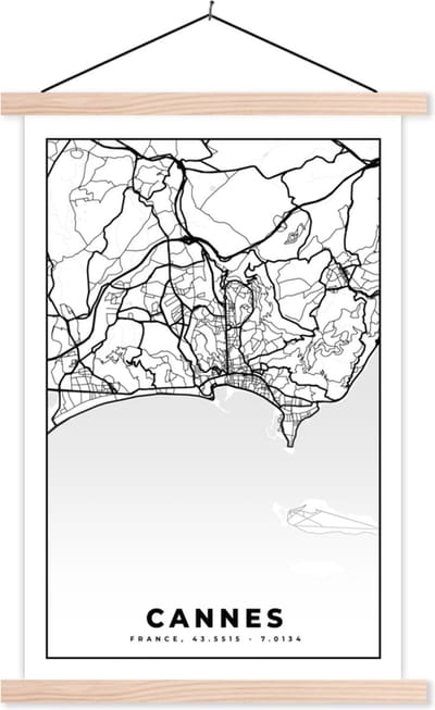 Posterhanger incl. Poster 40x60 cm - Schoolplaat - Kaart - Plattegrond - Cannes - Frankrijk - Stadskaart - Zwart wit - Textielposter - Blanke latten - Stadskaart
