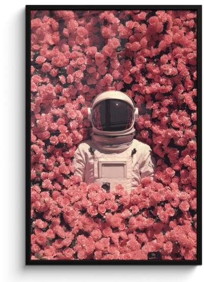 Poster in lijst - Fotolijst 80x120 cm - Posters - Bloemen - Roze - Astronaut - Posterlijst zwart - Decoratie - Wanddecoratie woonkamer - Muurdecoratie slaapkamer