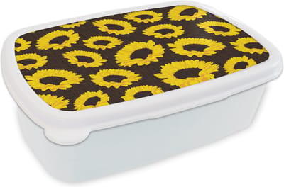 Broodtrommel Wit - Lunchbox - Brooddoos - Patronen - Zonnebloemen - Geel - 18x12x6 cm - Volwassenen