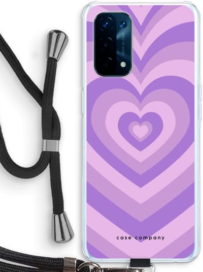 Case Company® - Hoesje met koord geschikt voor Oppo A74 5G hoesje met Koord - Hart Paars - Telefoonhoesje met Zwart Koord - Bescherming aan alle Kanten en Over de Schermrand