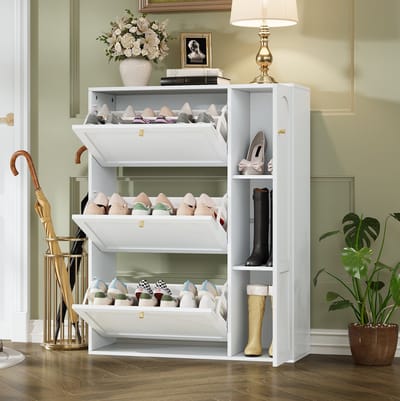 DESMIU Schoenenkast - Smal Met 3 Kleppen En 1 Deur - Vrijstaand Voor Hal En Woonkamer - MDF En Spaanplaat - 90x25x114 Cm - Wit