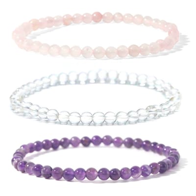 Bixorp Gems Gouden Driehoek Edelstenen Armbanden Set 4mm - Rozenkwarts + Amethist + Bergkristal Kralenarmband - 18cm