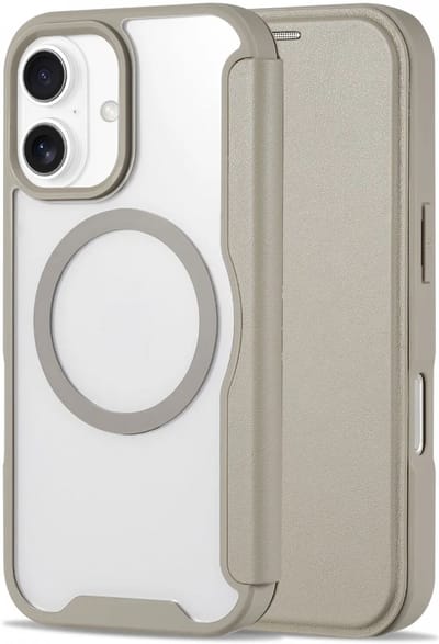 Portemonnee Hoesje Geschikt voor Apple iPhone 16 | Compatibel met MagSafe | Wallet Book Case met Magneet | Beschermhoes met Pasjeshouder | Transparant / Beige