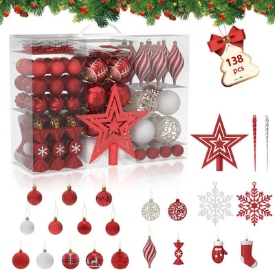 138 stuks kleine kerstballen, kunststof kerstboomversieringen met hangers, kerstversiering, ballen, kerstversieringen, decoratieve kerstboomversieringen, rood