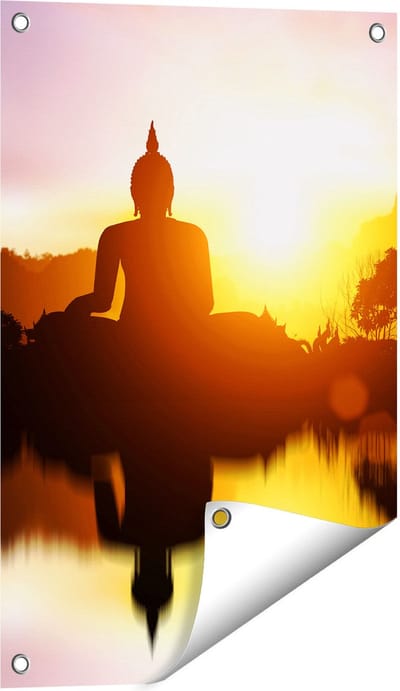 Gards Tuinposter Silhouet van Boeddha Beeld met Zonsondergang - 40x60 cm - Tuindoek - Tuindecoratie - Wanddecoratie buiten - Tuinschilderij