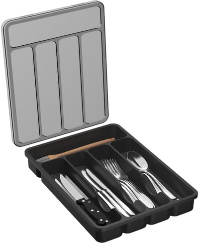 Allecto - Besteklade Organizer - Keukenla Organizer - 5 Vakken - Zwart - Bestekhouder - Perfect voor Keukengerei - Compact Model