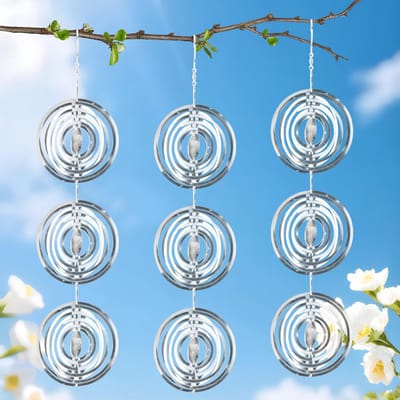 vogelafweer, windspel, ronde vogelafweer, windgong, reflecterend 3D roestvrij staal, windspel tegen duiven, mussen, vogels, windspel, metaal voor balkon, tuin, vijver, 3 stuks