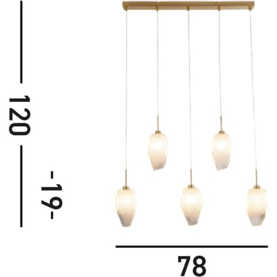 Searchlight Rocky hanglamp, 5-lamps, lang, messingkleurig, staal, glas
