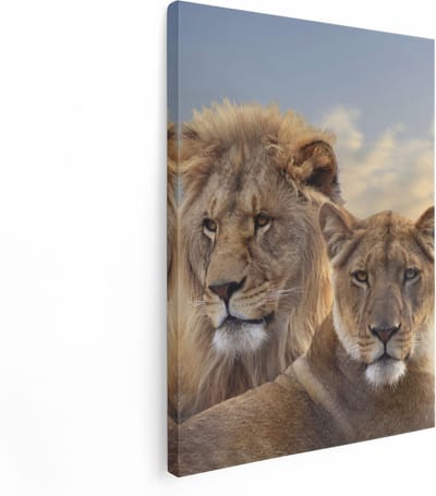 Artaza Canvas Schilderij Leeuwenfamilie - 30x40 cm - Klein - Wanddecoratie Dierenkop - Muurdecoratie Woonkamer - Kamer Accessoires