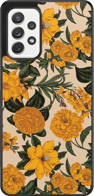 Leuke Telefoonhoesjes - Hoesje geschikt voor Samsung Galaxy A52 5G - Retro flowers - Backcover zwart - Bloemen - Geel