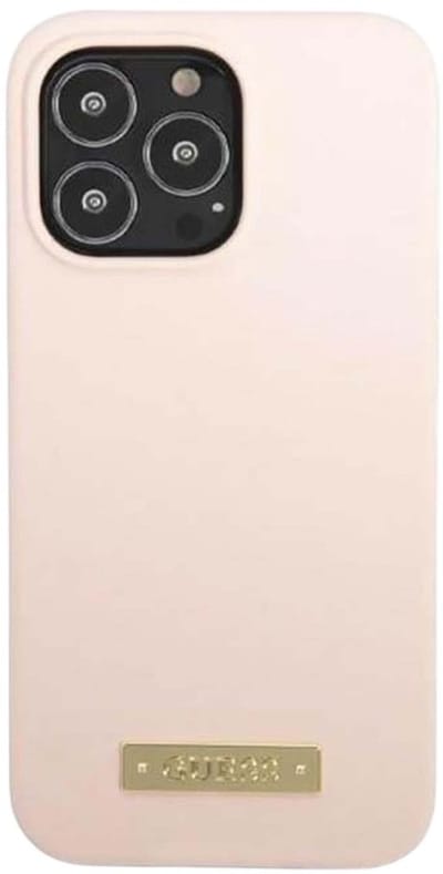GUESS, Hoesje geschikt voor iPhone 13 Pro Max - Siliconen MagSafe met Gouden Metalen Plaat & Elegant, Roze