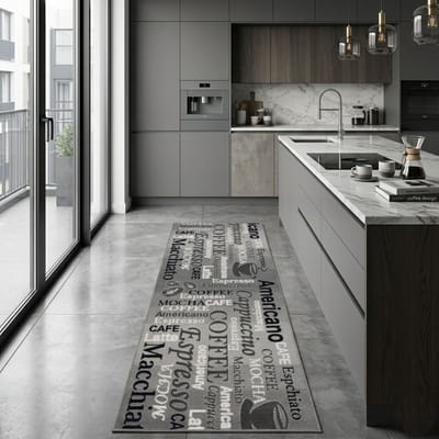 FLOORDIREKT Tapijt Coffee 2 - Tapijtloper op Maat Gemaakt Grijs - 80 x 200 cm - Modern Keukentapijt met Koffiemotieven - Antislip, Slijtvast & Onderhoudsvriendelijk - Veel Maten Beschikbaar