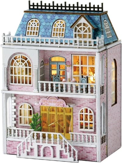DIY Miniatuur Poppenhuis Kit, Mini Handgemaakt Huis Model DIY Knutsel Kit met Stofkap, 3D Houten Poppenhuis Kits, Kleine Bouwkit voor Verjaardagscadeau, Romantisch Kasteel