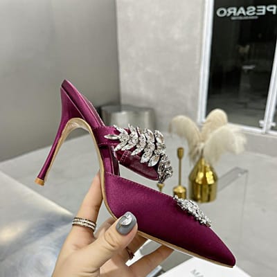 Nieuwe Mode Hoge Hakken Stiletto Puntige Neus Strass Enkelschoenen Satijn Bruidsschoenen Slippers 35 paars