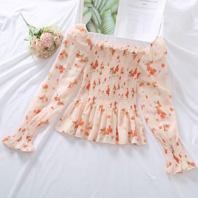 Pofmouw Chiffon Blouse Dames Blouse Strakheid Slim Vierkante Hals Zoet Gebroken Bloemen Lange Mouwen Top Elastische Taille Casual Zomer XL roze
