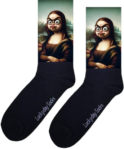 LuckyDay Socks - Kunstsokken Da Vinci - Kunstenaar - Mona Lisa sokken - Kunst sokken - Grappige cadeau - Verjaardag cadeau - Vrolijke sokken - Schilderij sokken - Grappige sokken - Leuke dames en heren sokken - Beterschap - Opkikker - Maat 37-44