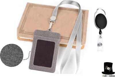 Bob Online ™ - Setje – Lichtgrijs - 1 x PU-leer ID-Badgehouder + 1 x Lanyard (Grijs) + 1 x D-Clip ID Jojo – Set – Light Grey – 1 x PU Leather ID Badge Holder + 1 x Lanyard (Grey) + 1 x D-Clip ID Yoyo – ID Kaarthouder – Nekkoord – Intrekbare ID Jojo
